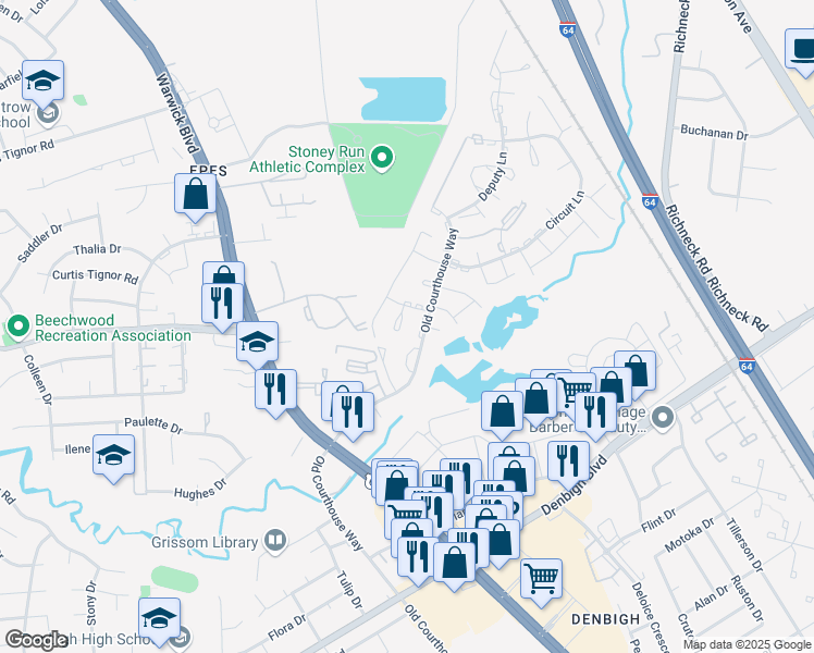 map of restaurants, bars, coffee shops, grocery stores, and more near 405 Hustings Lane in Newport News