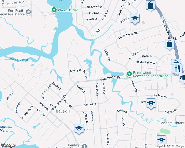 map of restaurants, bars, coffee shops, grocery stores, and more near 909 Catalina Drive in Newport News