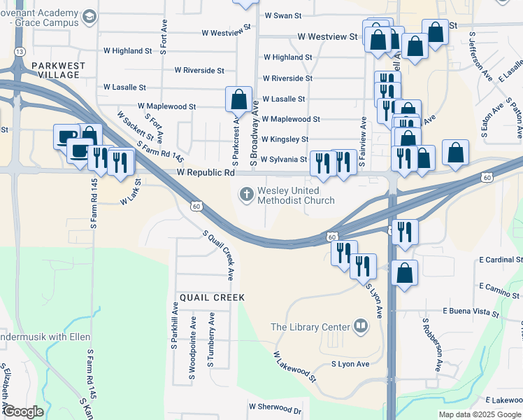 map of restaurants, bars, coffee shops, grocery stores, and more near 4241 South Broadway Avenue in Springfield