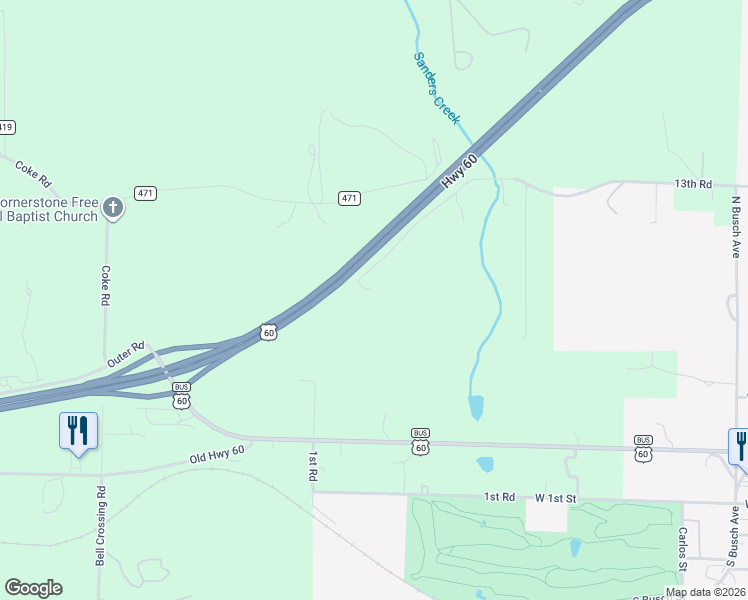 map of restaurants, bars, coffee shops, grocery stores, and more near West 13th Street in Mountain Grove