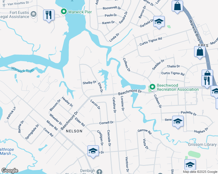 map of restaurants, bars, coffee shops, grocery stores, and more near 909 Catalina Drive in Newport News