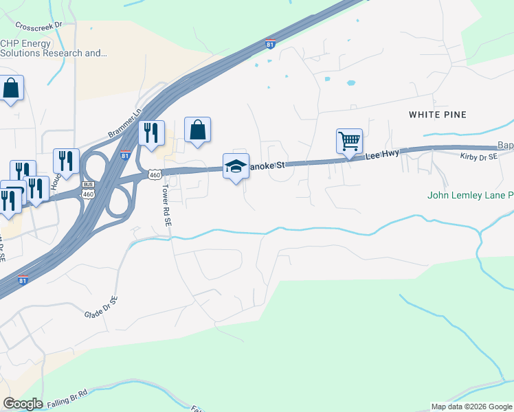 map of restaurants, bars, coffee shops, grocery stores, and more near 110 Patricia Lane Southeast in Christiansburg