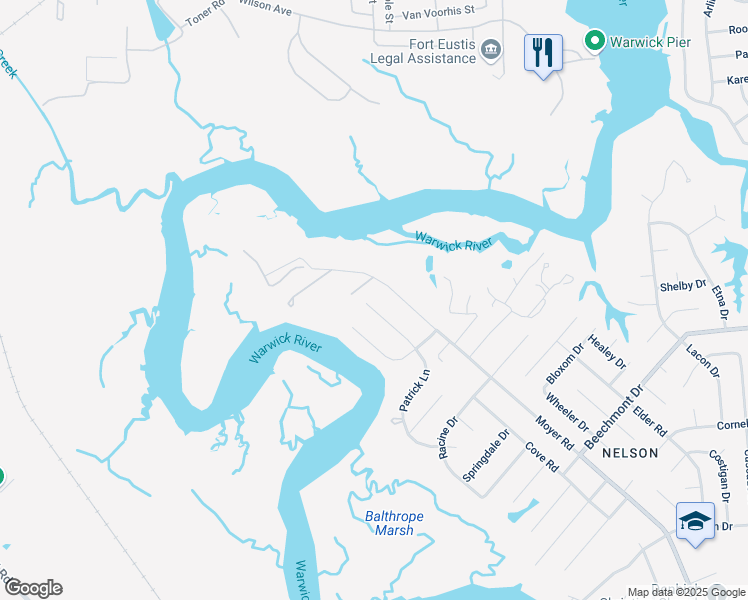 map of restaurants, bars, coffee shops, grocery stores, and more near 1242 Patrick Lane in Newport News
