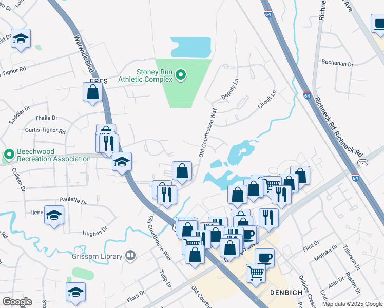 map of restaurants, bars, coffee shops, grocery stores, and more near 405 Hustings Lane in Newport News