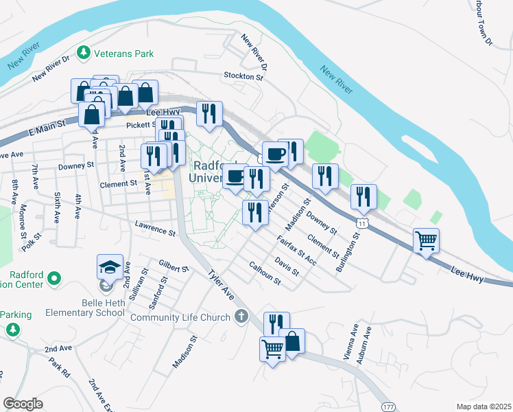 map of restaurants, bars, coffee shops, grocery stores, and more near 709 Clement Street in Radford