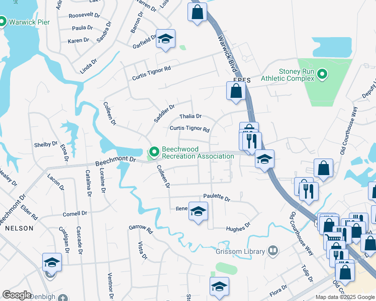 map of restaurants, bars, coffee shops, grocery stores, and more near 335 Beechmont Drive in Newport News