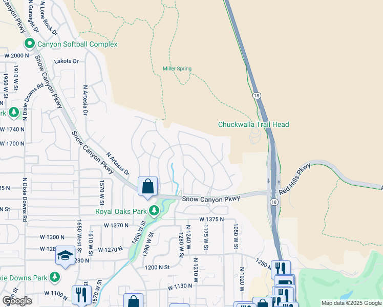 map of restaurants, bars, coffee shops, grocery stores, and more near 1648 North Raven Lane in St. George