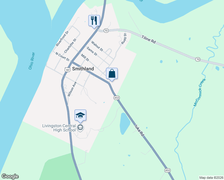 map of restaurants, bars, coffee shops, grocery stores, and more near Iuka Road in Smithland