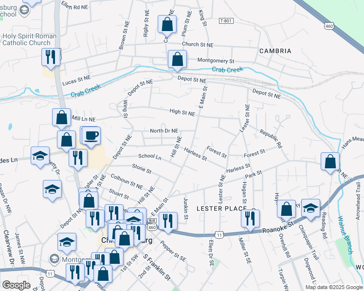 map of restaurants, bars, coffee shops, grocery stores, and more near 730 Harless Street in Christiansburg