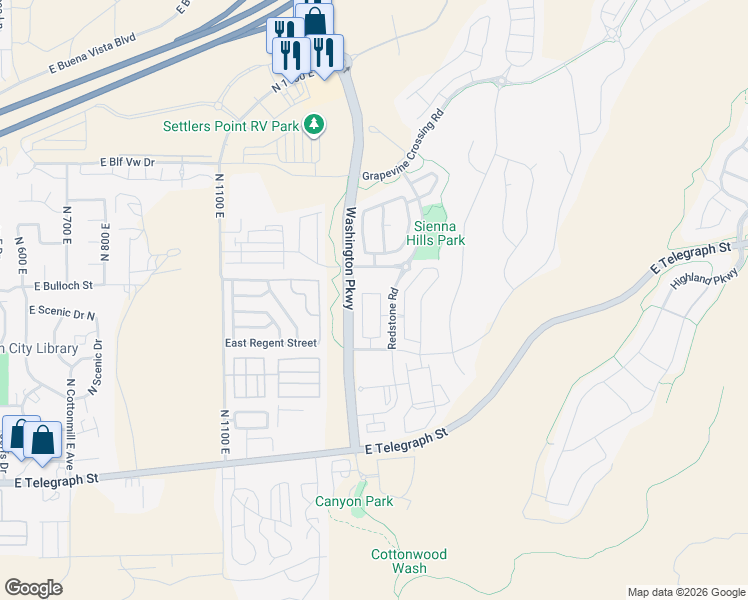 map of restaurants, bars, coffee shops, grocery stores, and more near 325 North Red Stone Road in Washington