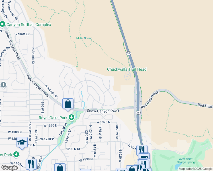 map of restaurants, bars, coffee shops, grocery stores, and more near 1680 Starling Circle in St. George