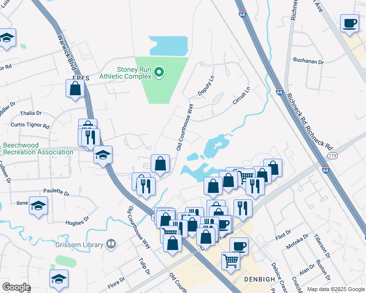 map of restaurants, bars, coffee shops, grocery stores, and more near 14558 Old Courthouse Way in Newport News