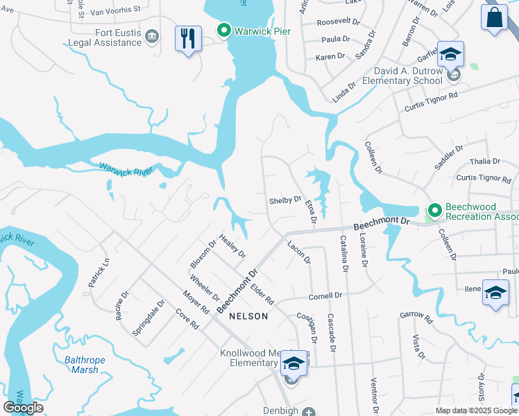 map of restaurants, bars, coffee shops, grocery stores, and more near 165 Shasta Drive in Newport News