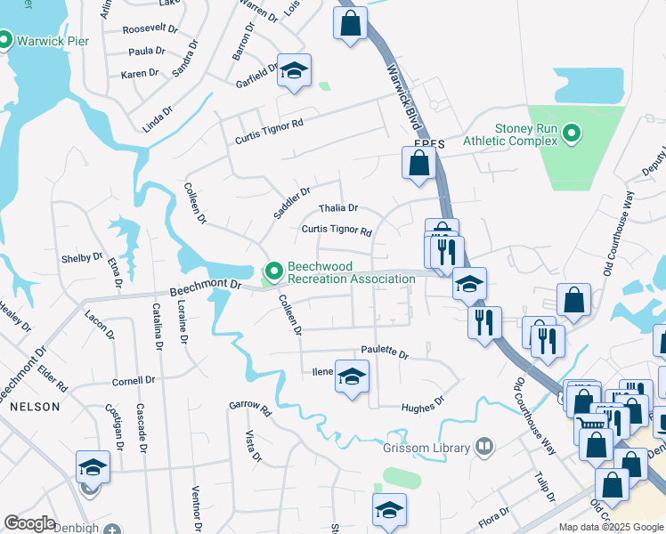 map of restaurants, bars, coffee shops, grocery stores, and more near 335 Beechmont Drive in Newport News