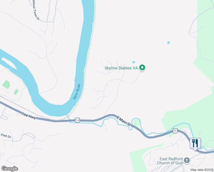 map of restaurants, bars, coffee shops, grocery stores, and more near 101-105 Vista Ridge in Radford