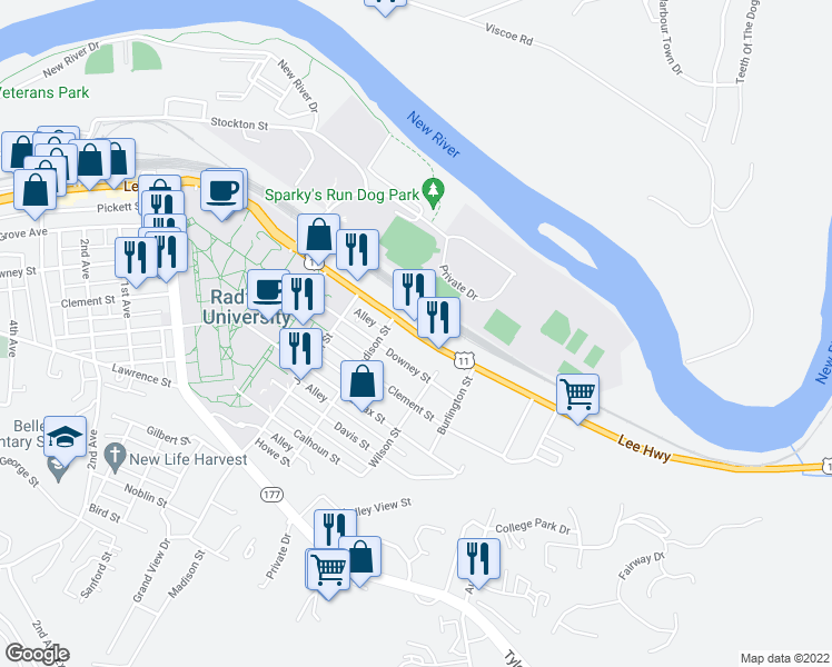 map of restaurants, bars, coffee shops, grocery stores, and more near East Main Street in Radford