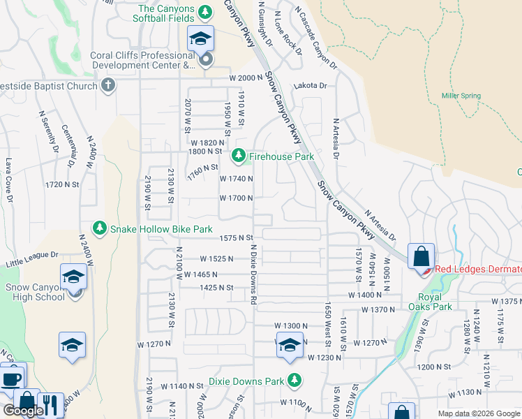 map of restaurants, bars, coffee shops, grocery stores, and more near 1806 North Dixie Downs Road in St. George