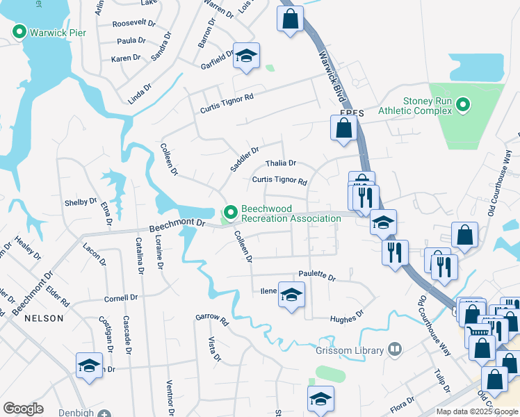 map of restaurants, bars, coffee shops, grocery stores, and more near 332 Helena Drive in Newport News