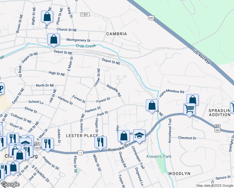 map of restaurants, bars, coffee shops, grocery stores, and more near 545 Republic Road in Christiansburg