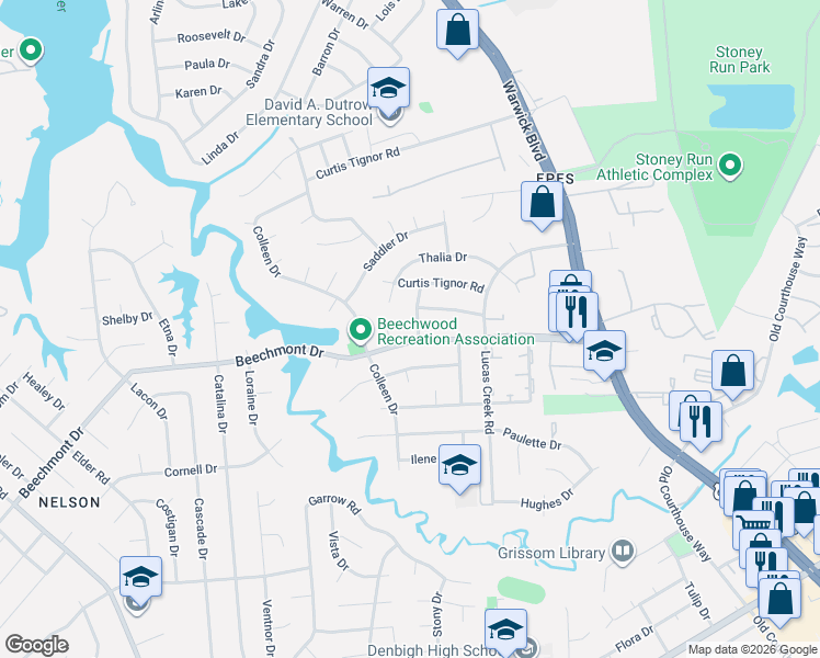 map of restaurants, bars, coffee shops, grocery stores, and more near 332 Helena Drive in Newport News