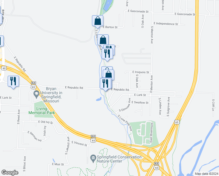 map of restaurants, bars, coffee shops, grocery stores, and more near 2933 East Republic Road in Springfield
