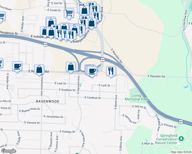 map of restaurants, bars, coffee shops, grocery stores, and more near 2144 East Republic Road in Springfield