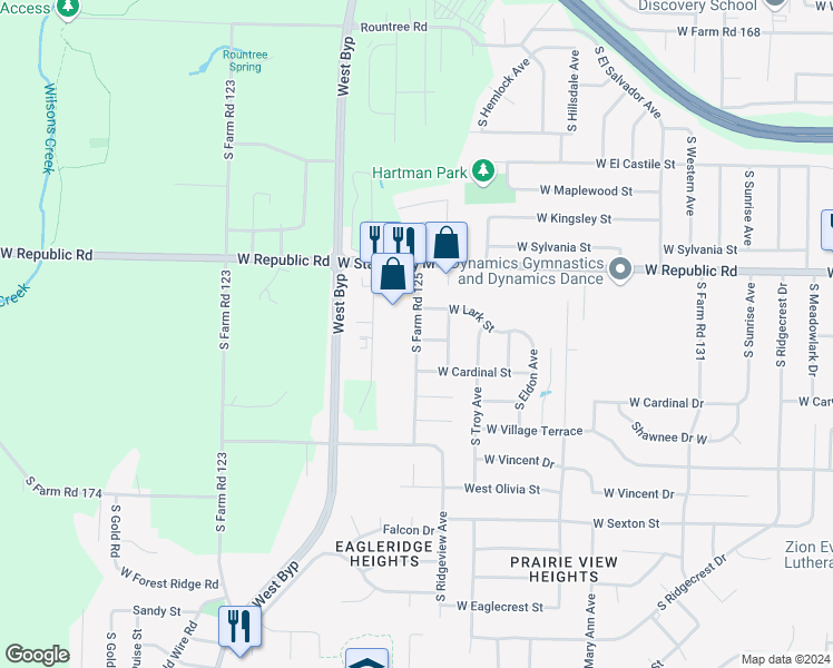 map of restaurants, bars, coffee shops, grocery stores, and more near 4327 South Farm Road 125 in Springfield