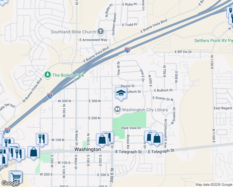 map of restaurants, bars, coffee shops, grocery stores, and more near 260 East 400 North in Washington