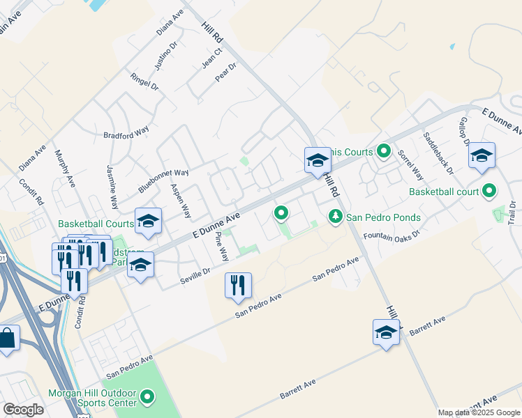 map of restaurants, bars, coffee shops, grocery stores, and more near 16895 Cabernet Court in Morgan Hill