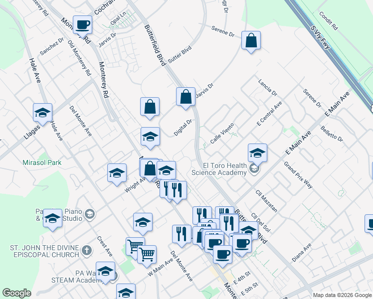 map of restaurants, bars, coffee shops, grocery stores, and more near 250 Calle del Rey in Morgan Hill