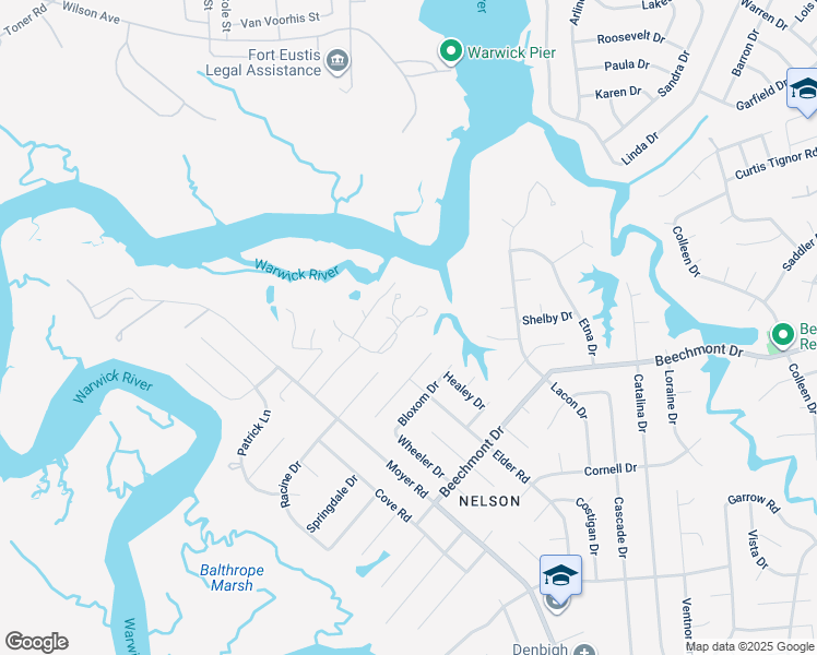 map of restaurants, bars, coffee shops, grocery stores, and more near 140 Beechwood Hills Drive in Newport News