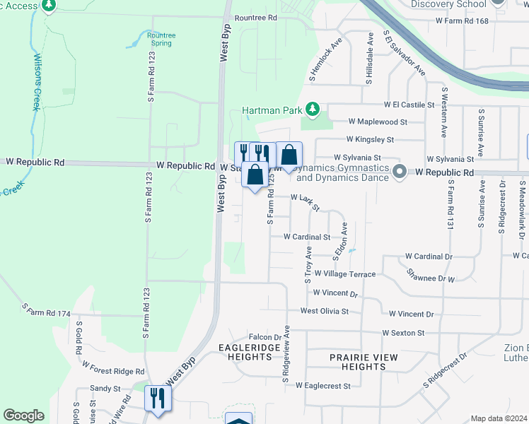 map of restaurants, bars, coffee shops, grocery stores, and more near 4325 South Farm Road 125 in Springfield