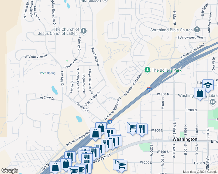 map of restaurants, bars, coffee shops, grocery stores, and more near 651 North Quail Ridge Circle in Washington