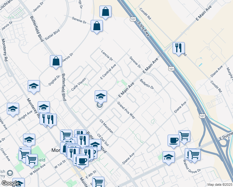 map of restaurants, bars, coffee shops, grocery stores, and more near 545 East Main Avenue in Morgan Hill