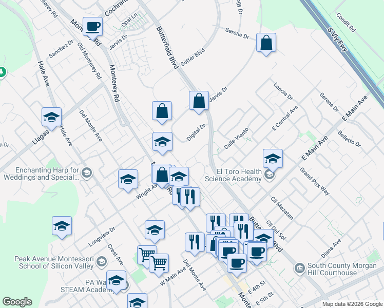 map of restaurants, bars, coffee shops, grocery stores, and more near 255 Calle del Rey in Morgan Hill