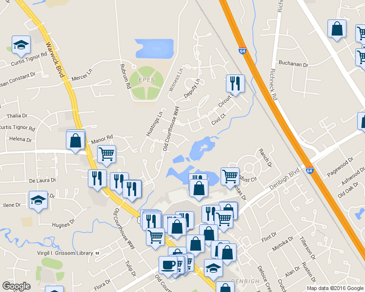 map of restaurants, bars, coffee shops, grocery stores, and more near 370 Advocate Court in Newport News