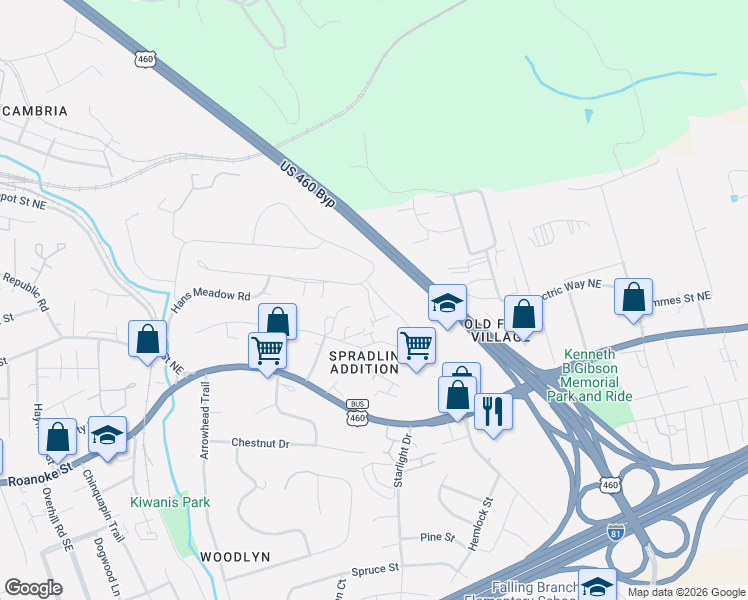 map of restaurants, bars, coffee shops, grocery stores, and more near 1325 Sherwood Drive in Christiansburg