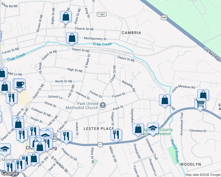 map of restaurants, bars, coffee shops, grocery stores, and more near 511 Craig Street in Christiansburg