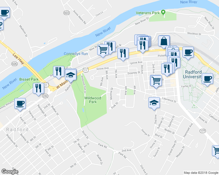 map of restaurants, bars, coffee shops, grocery stores, and more near 102 9th Avenue in Radford