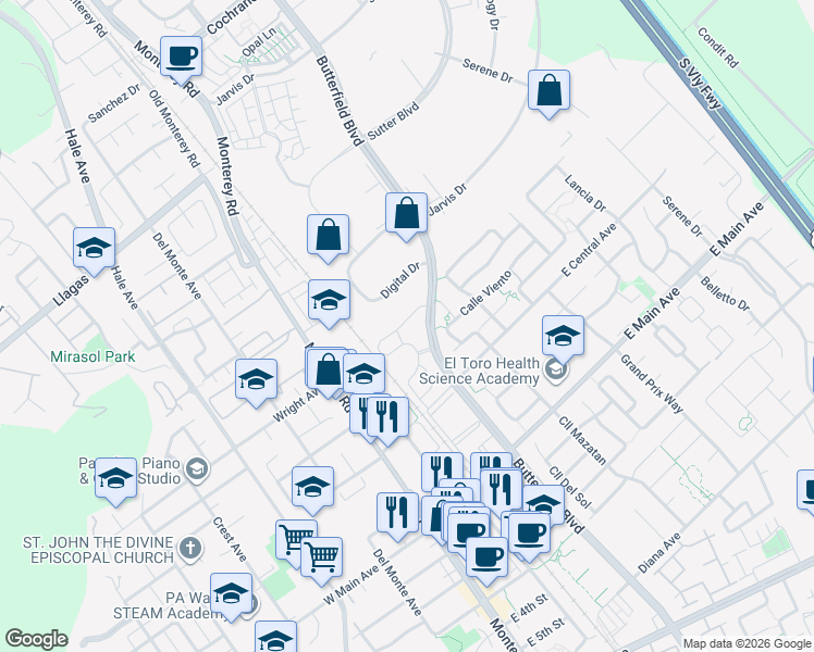 map of restaurants, bars, coffee shops, grocery stores, and more near 250 Calle del Rey in Morgan Hill