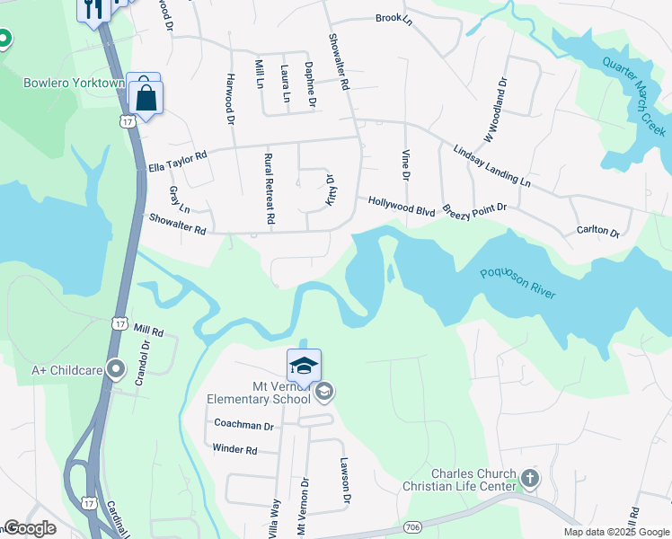 map of restaurants, bars, coffee shops, grocery stores, and more near 107 Beecham Dr in Yorktown