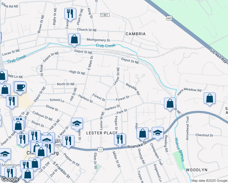 map of restaurants, bars, coffee shops, grocery stores, and more near 511 Craig Street in Christiansburg