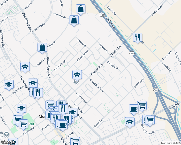 map of restaurants, bars, coffee shops, grocery stores, and more near 545 East Main Avenue in Morgan Hill