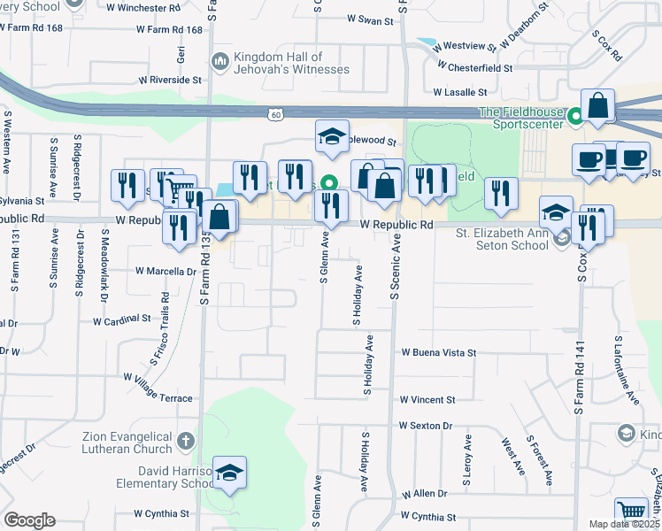 map of restaurants, bars, coffee shops, grocery stores, and more near 2788 West Lark Street in Springfield