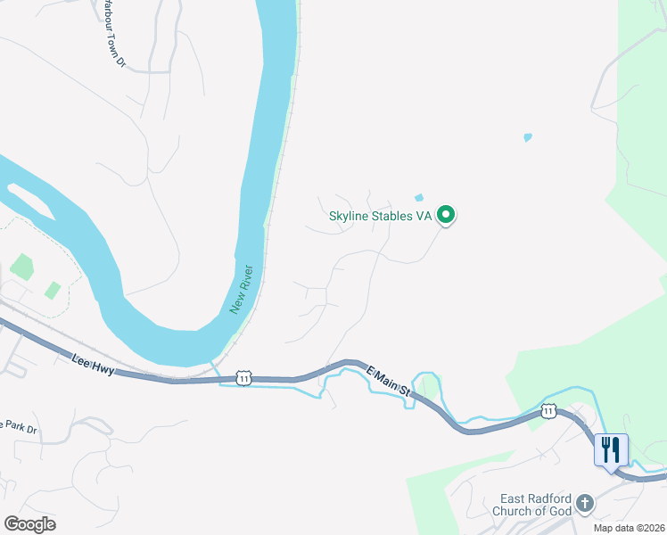 map of restaurants, bars, coffee shops, grocery stores, and more near 105 Vista Ridge in Radford