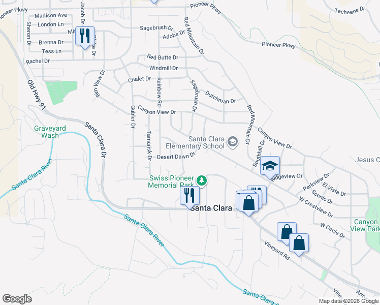 map of restaurants, bars, coffee shops, grocery stores, and more near 1677 Desert Dawn Drive in Santa Clara