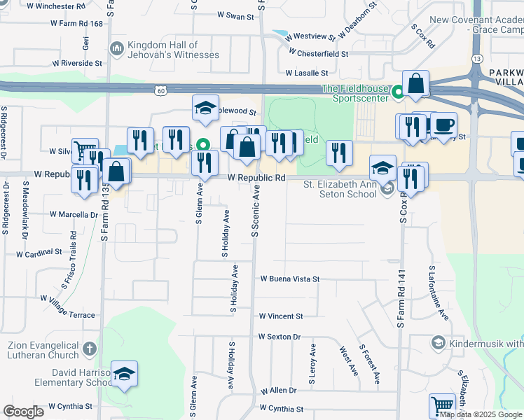 map of restaurants, bars, coffee shops, grocery stores, and more near 4264 South Farm Road 137 in Springfield