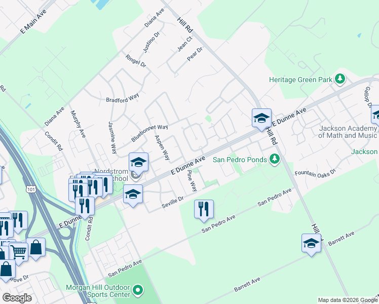 map of restaurants, bars, coffee shops, grocery stores, and more near 2320 Bayo Claros Circle in Morgan Hill