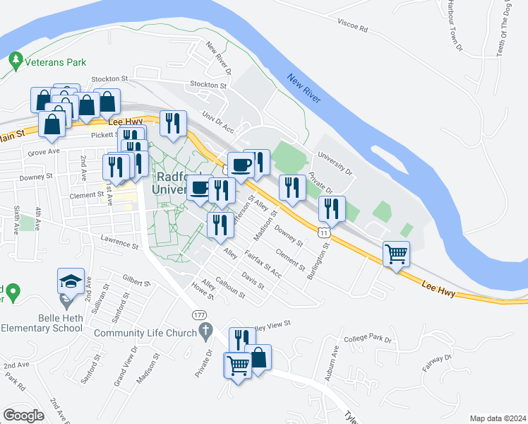 map of restaurants, bars, coffee shops, grocery stores, and more near 606 Downey Street in Radford