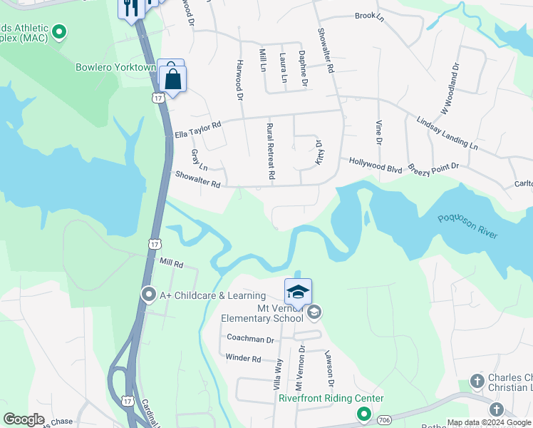 map of restaurants, bars, coffee shops, grocery stores, and more near 121 Beecham Drive in Yorktown